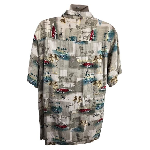 Mens Hawaiian Floral Button Up Camp Shirt XL Pocket Retro Classic Vintage Cars - Picture 2 of 9